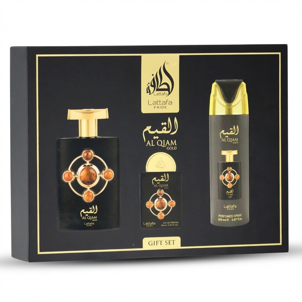 LATTAFA_SET PRIDE AL QIAM GOLD 4 PCS 3.4 EDP + TRAVEL 20 ML + PORT + PERFUMED SPRAY U