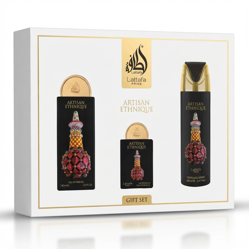 LATTAFA_SET PRIDE ARTISAN ETHNIQUE 4 PCS 3.4 EDP + TRAVEL 20 ML + PORT + PERFUMED SPRAY U