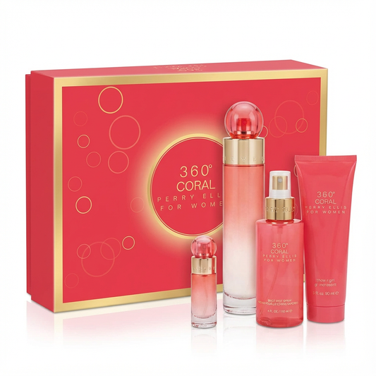 PERRY ELLIS_SET 360 CORAL FOR WOMEN 4 PCS + 3.4 EDP + 4.0 FL BODY SPRAY + 3.0 SHOWER GEL + 0.25 FL L