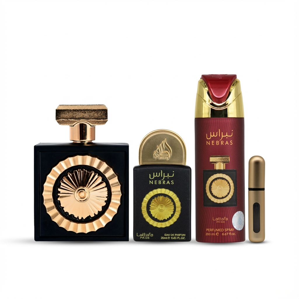 LATTAFA_SET PRIDE NEBRAS 4 PCS 3.4 EDP + TRAVEL 20 ML + PORT + PERFUMED SPRAY U